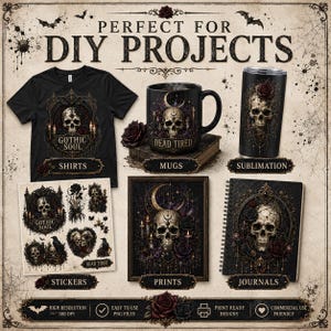 Gothic Skull PNG Bundle, Dark Floral Clipart, Halloween Sublimation Designs (10 PNG Files) image 4