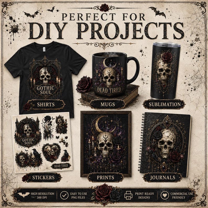 Gothic Skull PNG Bundle, Dark Floral Clipart, Halloween Sublimation Designs (10 PNG Files) image 4