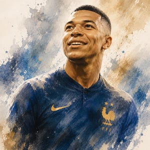 Mbappé akvarellposterpaket, fransk fotbollskonst, fotbollslegendar sportdekor (8 PNG-filer) bild 6