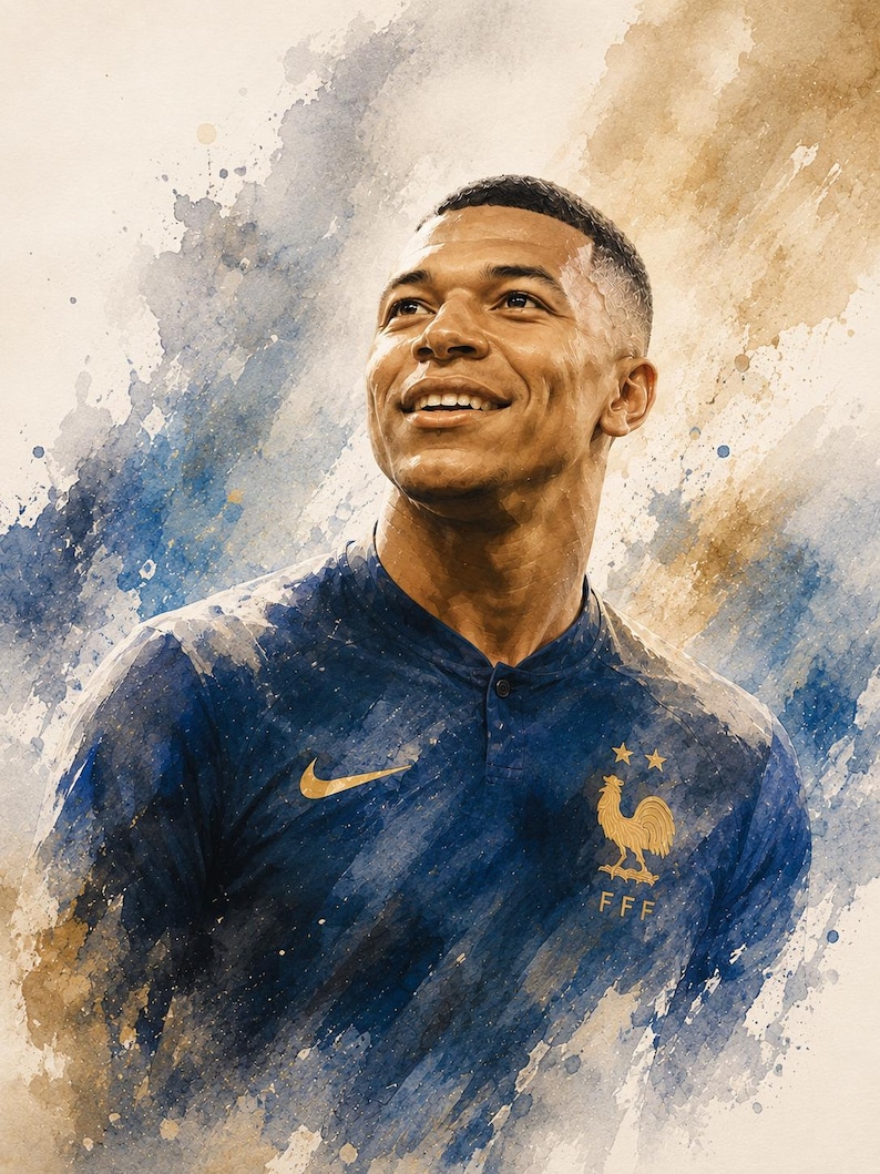 Mbappé akvarellposterpaket, fransk fotbollskonst, fotbollslegendar sportdekor (8 PNG-filer) bild 6