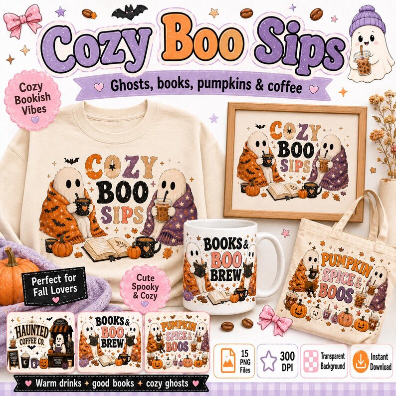 Ghost Coffee PNG Bundle, Spooky Halloween Sublimation Designs (Digital Download) image 7