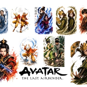 Puede incluir: Una colección de ilustraciones digitales con personajes de Avatar: The Last Airbender, incluyendo a Katara, Aang, Azula, Suki, Zuko y Toph en varias poses de acción con efectos elementales, terminado con el logotipo de Avatar: The Last Airbender.