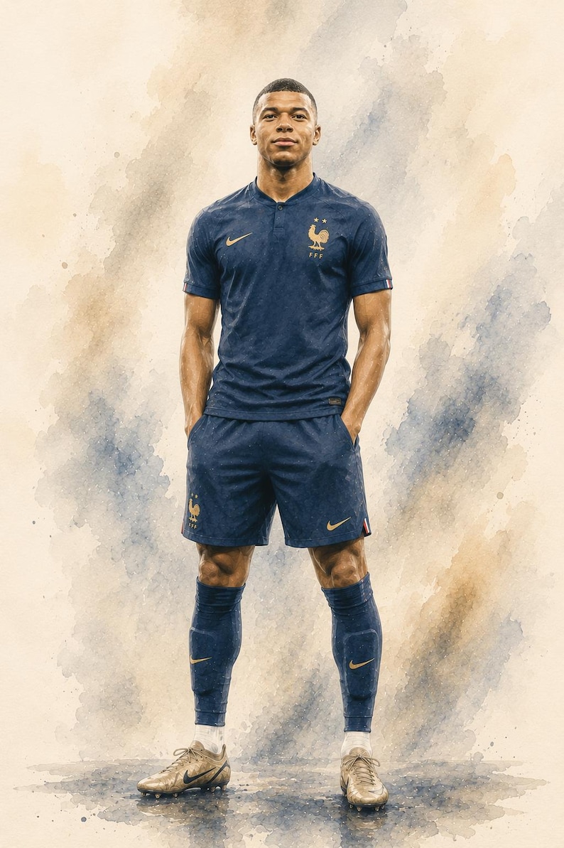 Mbappé akvarellposterpaket, fransk fotbollskonst, fotbollslegendar sportdekor (8 PNG-filer) bild 2