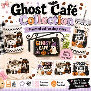 Ghost Coffee PNG Bundle, Spooky Halloween Sublimation Designs (Digital Download) image 8
