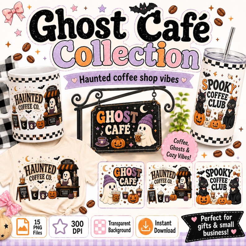 Ghost Coffee PNG Bundle, Spooky Halloween Sublimation Designs (Digital Download) image 8