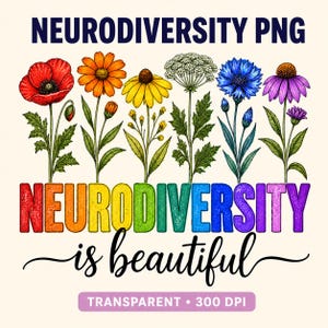 Pode incluir: Um gráfico digital com o texto NEURODIVERSITY PNG no topo, seguido por uma fileira de seis ilustrações botânicas coloridas de várias flores, o texto NEURODIVERSITY em cores de arco-íris e o texto em letra cursiva is beautiful.