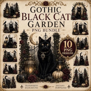 Gothic Black Cat Garden PNG Bundle, Vintage Halloween Clipart, Witchy Sublimation (Digital Download)