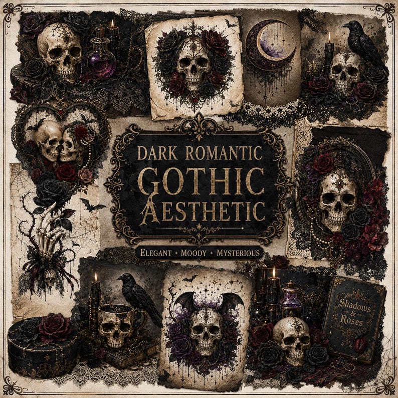 May include: A collage of dark gothic imagery featuring multiple human skulls, black ravens, deep red roses, ornate lace, candles, and a crescent moon. The central text reads DARK ROMANTIC GOTHIC AESTHETIC, with ELEGANT, MOODY, MYSTERIOUS below.
