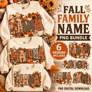 May include: Three cream-colored crewneck sweatshirts featuring fall-themed graphic designs with pumpkins, sunflowers, and plaid or leopard print lettering. The text includes names like MAAMA, MAIDMA, and NANA, accompanied by digital design previews.