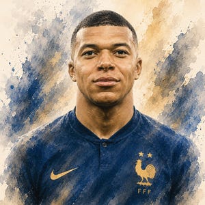 Mbappé akvarellposterpaket, fransk fotbollskonst, fotbollslegendar sportdekor (8 PNG-filer) bild 9