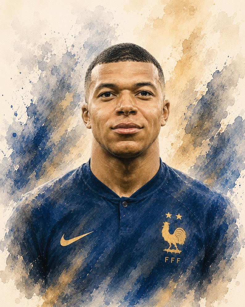 Mbappé akvarellposterpaket, fransk fotbollskonst, fotbollslegendar sportdekor (8 PNG-filer) bild 9