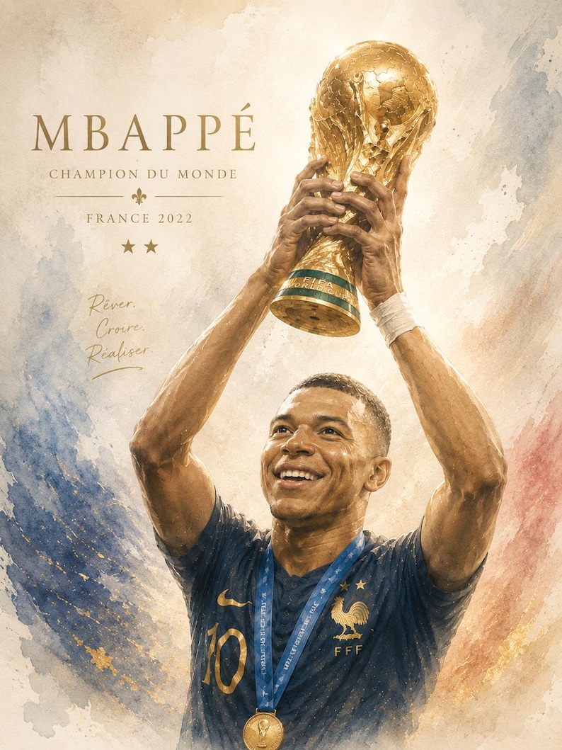Mbappé akvarellposterpaket, fransk fotbollskonst, fotbollslegendar sportdekor (8 PNG-filer) bild 4