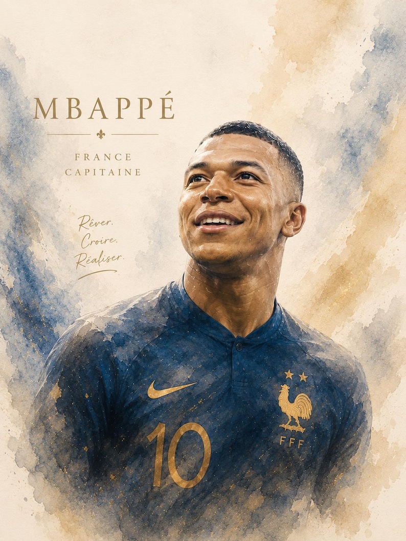 Mbappé akvarellposterpaket, fransk fotbollskonst, fotbollslegendar sportdekor (8 PNG-filer) bild 3