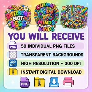 Pode incluir: Um download digital apresentando tr&ecirc;s designs gr&aacute;ficos coloridos com o texto Different Not Less, Celebrate Minds Of All Kinds e Autism Acceptance. O texto You Will Receive &eacute; seguido por &iacute;cones para arquivos PNG, fundos transparentes, 300 DPI e download instant&acirc;neo.