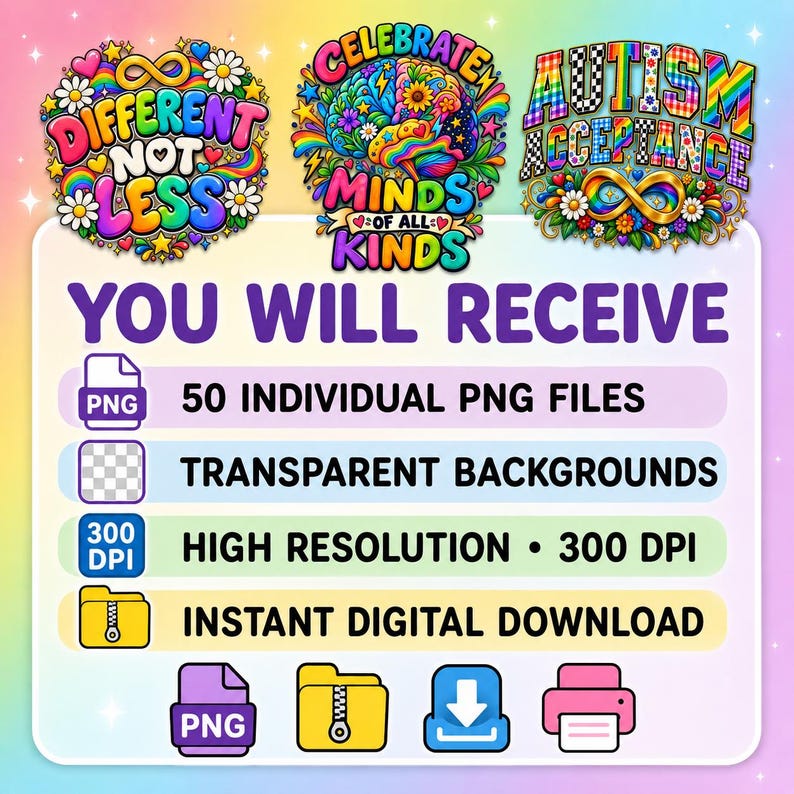 Pode incluir: Um download digital apresentando tr&ecirc;s designs gr&aacute;ficos coloridos com o texto Different Not Less, Celebrate Minds Of All Kinds e Autism Acceptance. O texto You Will Receive &eacute; seguido por &iacute;cones para arquivos PNG, fundos transparentes, 300 DPI e download instant&acirc;neo.