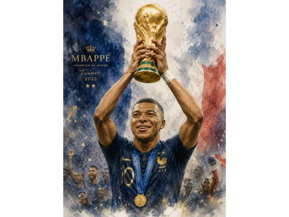 Mbappé Watercolor Poster Bundle, France Football Art, Soccer Legend Sports Decor (8 PNG Files)