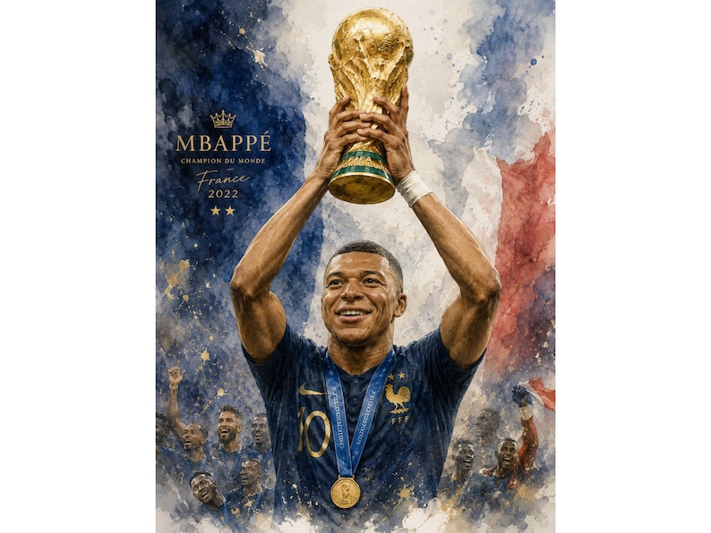 Mbappé akvarellposterpaket, fransk fotbollskonst, fotbollslegendar sportdekor (8 PNG-filer) bild 1