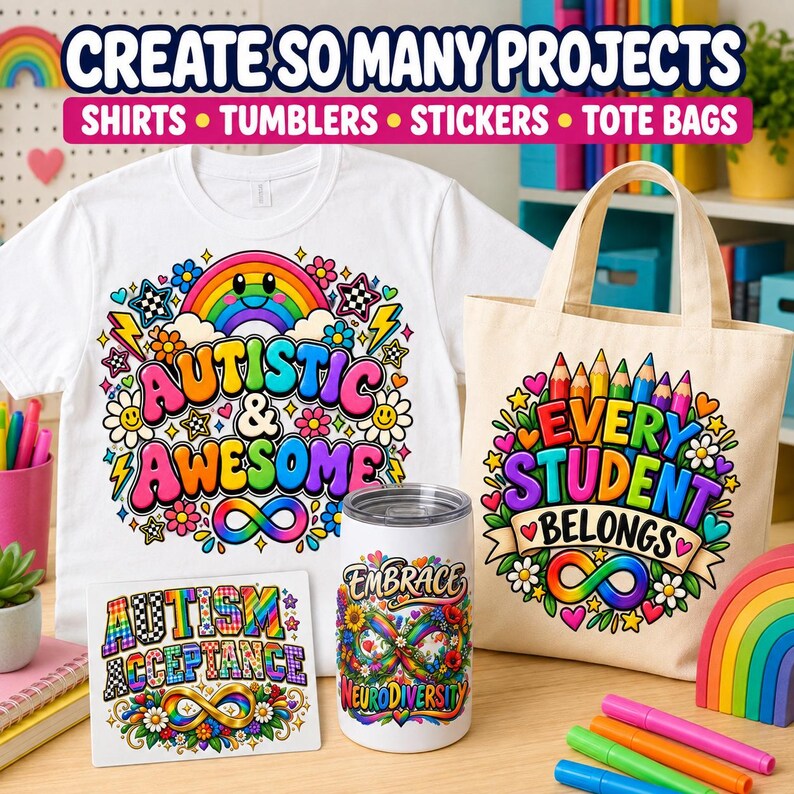 Pode incluir: Uma t-shirt branca com um gr&aacute;fico colorido de arco-&iacute;ris e flores com a inscri&ccedil;&atilde;o Autistic & Awesome, um saco de lona com um design de l&aacute;pis e flores com a inscri&ccedil;&atilde;o Every Student Belongs e um copo com gr&aacute;fico floral Embrace Neurodiversity.