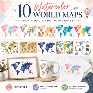 May include: A digital bundle featuring 10 watercolor world maps in various styles, including floral, galaxy, and vintage designs. The collection includes high-resolution PNG files displayed on a framed print, a white ceramic mug, and a white t-shirt.