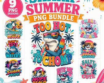 Retro Shark PNG Bundle, Funny Summer Beach Sublimation Designs (Digital Download)