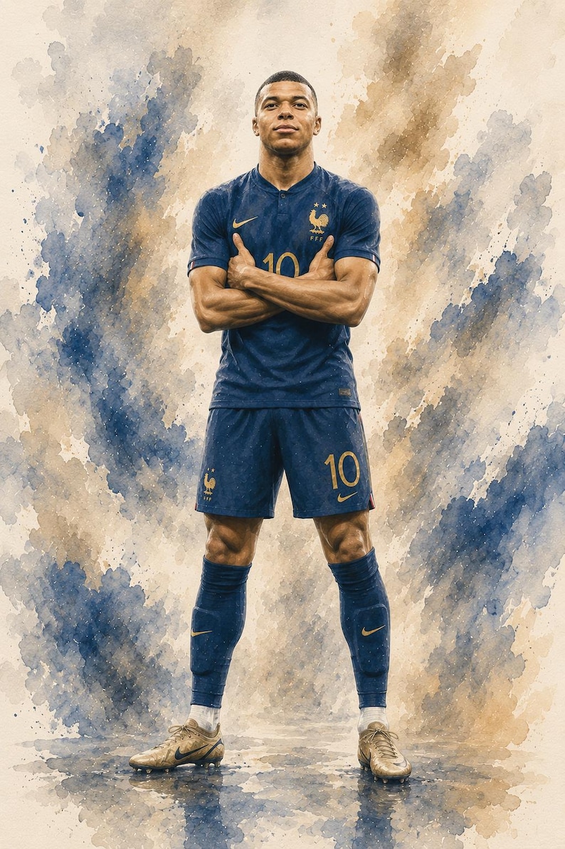 Mbappé akvarellposterpaket, fransk fotbollskonst, fotbollslegendar sportdekor (8 PNG-filer) bild 7