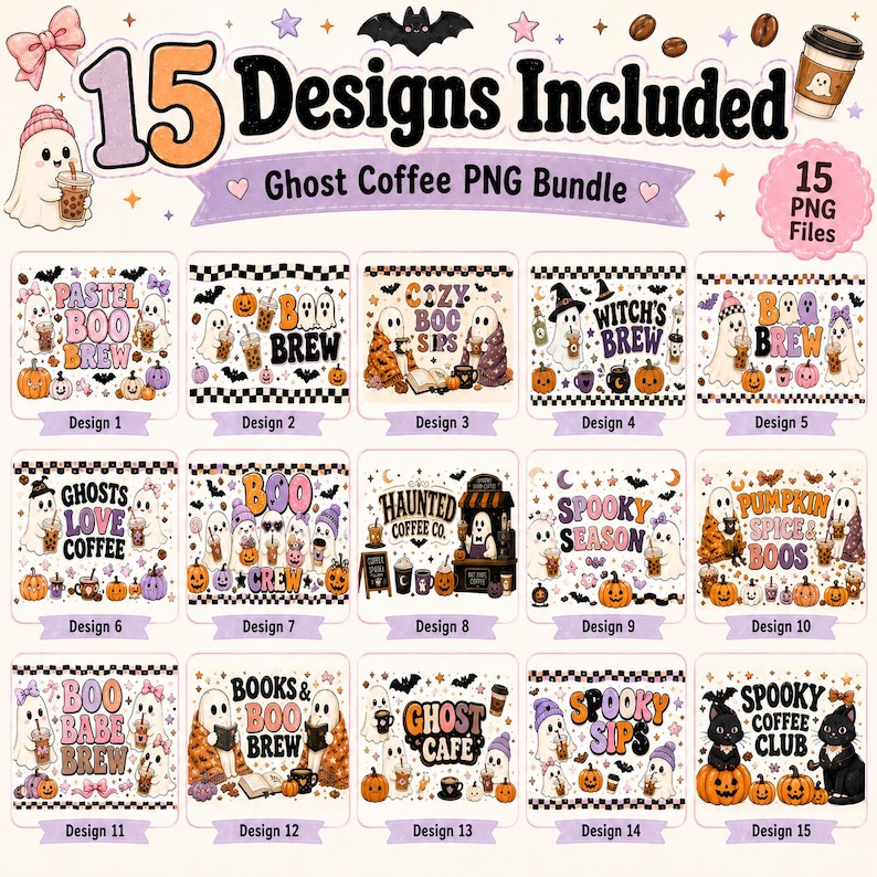 May include: A digital collection of 15 Ghost Coffee PNG designs featuring various illustrations of ghosts, pumpkins, coffee cups, and text such as Boo Brew, Spooky Season, and Haunted Coffee Co. The bundle includes 15 individual graphic files.