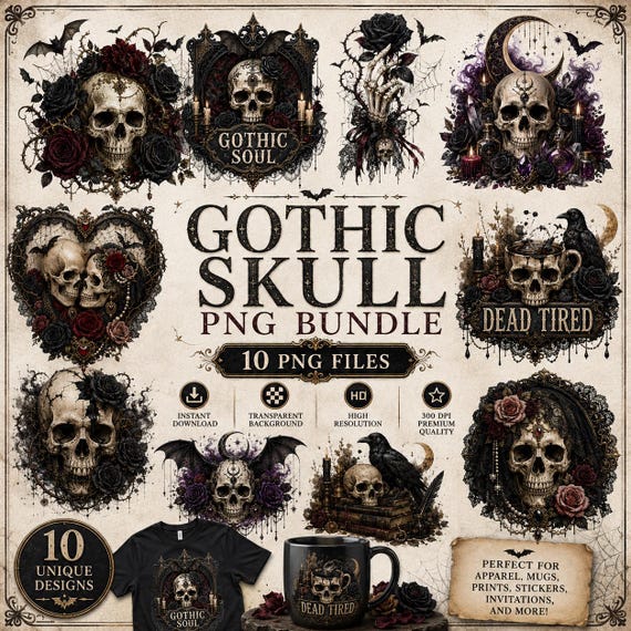 Gothic Skull PNG Bundle, Dark Floral Clipart, Halloween Sublimation Designs (10 PNG Files)