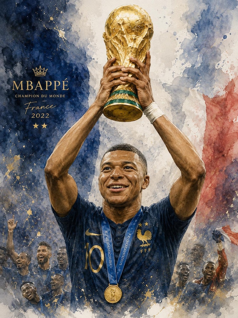 Mbappé akvarellposterpaket, fransk fotbollskonst, fotbollslegendar sportdekor (8 PNG-filer) bild 8