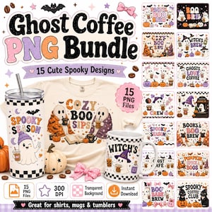 Ghost Coffee PNG Bundle, Spooky Halloween Sublimation Designs (Digital Download) image 1