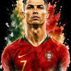 May include: A digital portrait of Cristiano Ronaldo wearing a red Portugal soccer jersey with the number 7 and a team crest. The background features a vibrant watercolor splash effect in shades of green, yellow, and red against a black backdrop.