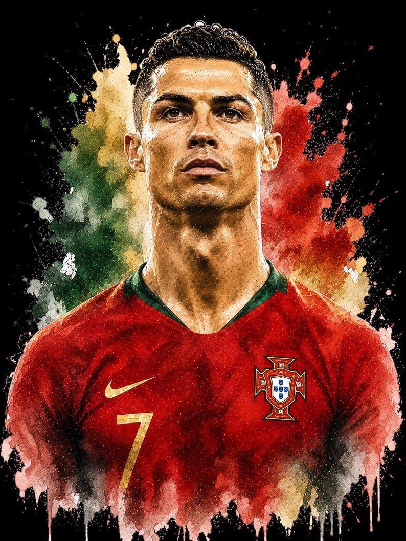 May include: A digital portrait of Cristiano Ronaldo wearing a red Portugal soccer jersey with the number 7 and a team crest. The background features a vibrant watercolor splash effect in shades of green, yellow, and red against a black backdrop.