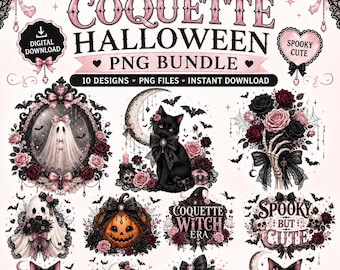 Pakiet PNG z gotycką kokietką na Halloween, upiorny clipart z dynią i czaszką ducha (pobieranie cyfrowe)