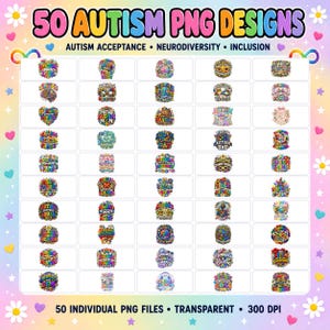 Pode incluir: Uma cole&ccedil;&atilde;o digital de 50 designs PNG sobre autismo com gr&aacute;ficos coloridos, pe&ccedil;as de quebra-cabe&ccedil;a, s&iacute;mbolos de infinito e texto relacionado &agrave; neurodiversidade, inclus&atilde;o e aceita&ccedil;&atilde;o, apresentados em uma grade sobre fundo pastel.