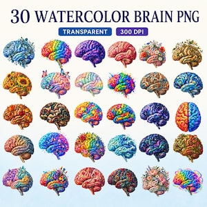 Può includere: Una collezione di 30 immagini PNG di cervelli ad acquerello con diversi temi artistici, tra cui accenti floreali, sfumature arcobaleno, motivi galattici e texture astratte. Il testo 30 WATERCOLOR BRAIN PNG, TRANSPARENT, 300 DPI è visibile.