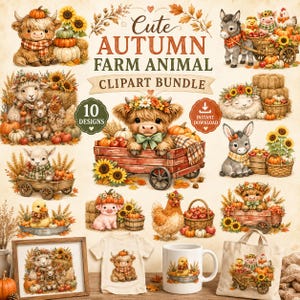 May include: A digital clipart bundle featuring ten autumn-themed farm animal illustrations, including highland cows, sheep, donkeys, pigs, and chickens with pumpkins and sunflowers. The text reads Cute Autumn Farm Animal Clipart Bundle and 10 Designs.