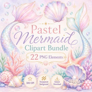 Puede incluir: Un paquete de imágenes prediseñadas digitales con ilustraciones en acuarela de dos colas de sirena, conchas, coral y perlas en colores pastel. El texto dice Pastel Mermaid Clipart Bundle, 22 PNG Elements, 300 DPI, Transparent Background, Instant Download.