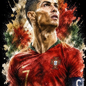 May include: A digital art portrait of Cristiano Ronaldo wearing a red Portugal soccer jersey with the number 7, a Nike logo, and a captain's armband. The background features a vibrant watercolor splash effect in red, green, and gold tones.