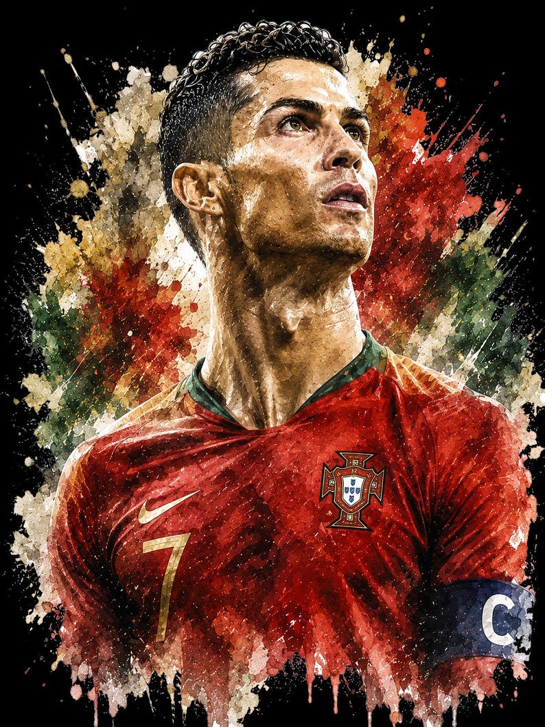 May include: A digital art portrait of Cristiano Ronaldo wearing a red Portugal soccer jersey with the number 7, a Nike logo, and a captain's armband. The background features a vibrant watercolor splash effect in red, green, and gold tones.