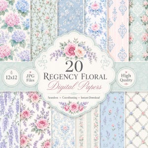 May include: A collection of 20 digital papers featuring various floral and damask patterns in shades of pink, blue, and white. The central label displays the text 20 REGENCY FLORAL Digital Papers, 12x12, JPG Files, and High Quality.