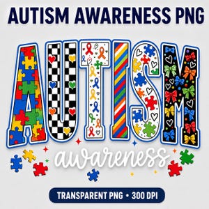 Pode incluir: Um design gráfico digital apresentando a palavra AUTISM em letras grandes e estilizadas preenchidas com peças de quebra-cabeça coloridas, padrões xadrez, fitas, listras e laços, com a palavra awareness em escrita branca e peças espalhadas.