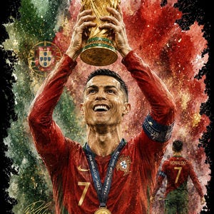 May include: A digital art print featuring Cristiano Ronaldo in a red Portugal jersey, holding a gold FIFA World Cup trophy above his head. The background displays a watercolor splash effect in red and green with the Portugal flag emblem and CR7 text.