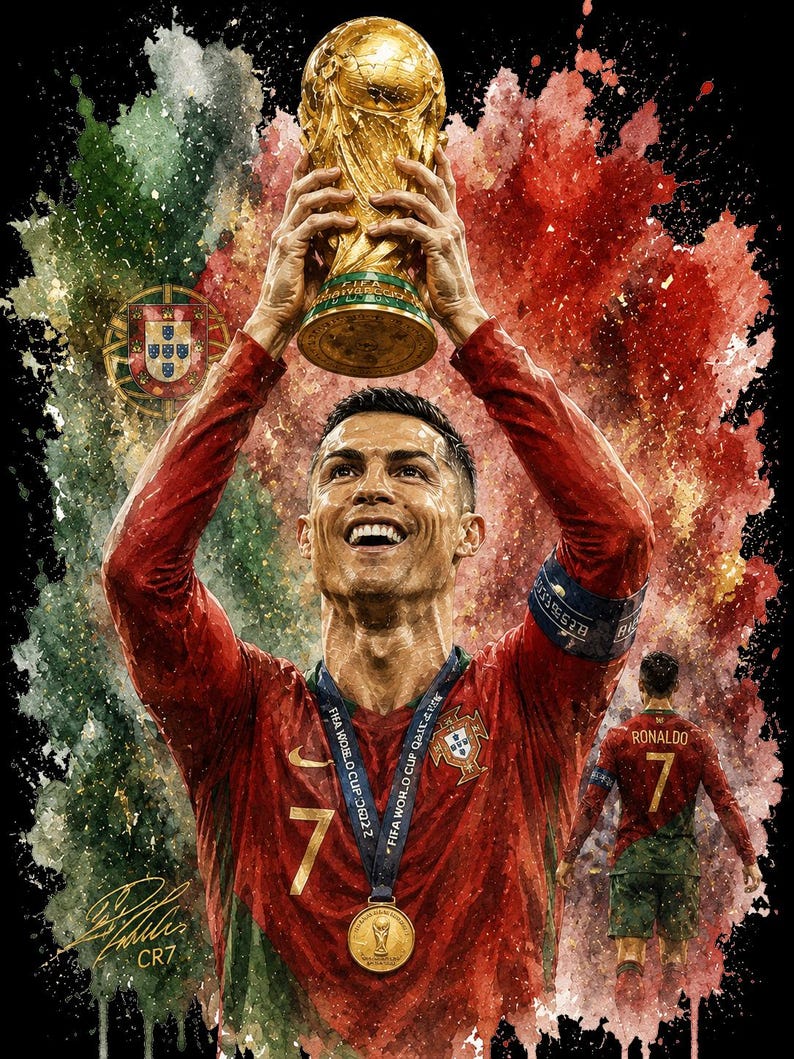 May include: A digital art print featuring Cristiano Ronaldo in a red Portugal jersey, holding a gold FIFA World Cup trophy above his head. The background displays a watercolor splash effect in red and green with the Portugal flag emblem and CR7 text.