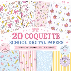 Coquette School Digital Paper Bundle, 20 Seamless Pastel School Patterns, Bow Pencil Daisy Scrapbook Paper JPG
