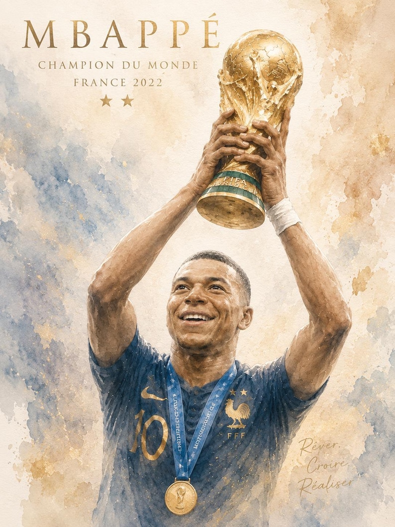 Mbappé akvarellposterpaket, fransk fotbollskonst, fotbollslegendar sportdekor (8 PNG-filer) bild 5
