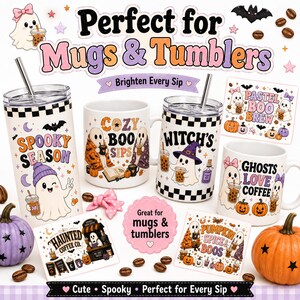 May include: Two white tumblers with lids and straws and two white ceramic mugs featuring ghost illustrations, pumpkins, and text including Spooky Season, Cozy Boo Sips, Witch's, and Ghosts Love Coffee, surrounded by coffee beans and small pumpkins.