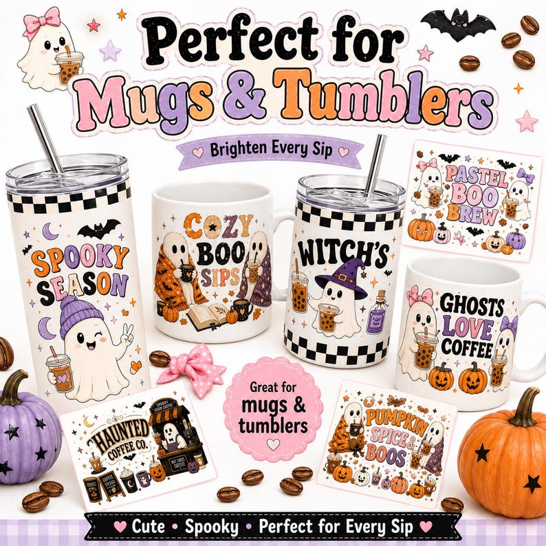 May include: Two white tumblers with lids and straws and two white ceramic mugs featuring ghost illustrations, pumpkins, and text including Spooky Season, Cozy Boo Sips, Witch's, and Ghosts Love Coffee, surrounded by coffee beans and small pumpkins.