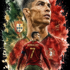 May include: A digital art print featuring Cristiano Ronaldo in a red and green Portugal soccer kit. The composition includes a large portrait of the athlete above a smaller figure seen from behind, wearing the number 7 jersey with the name RONALDO.