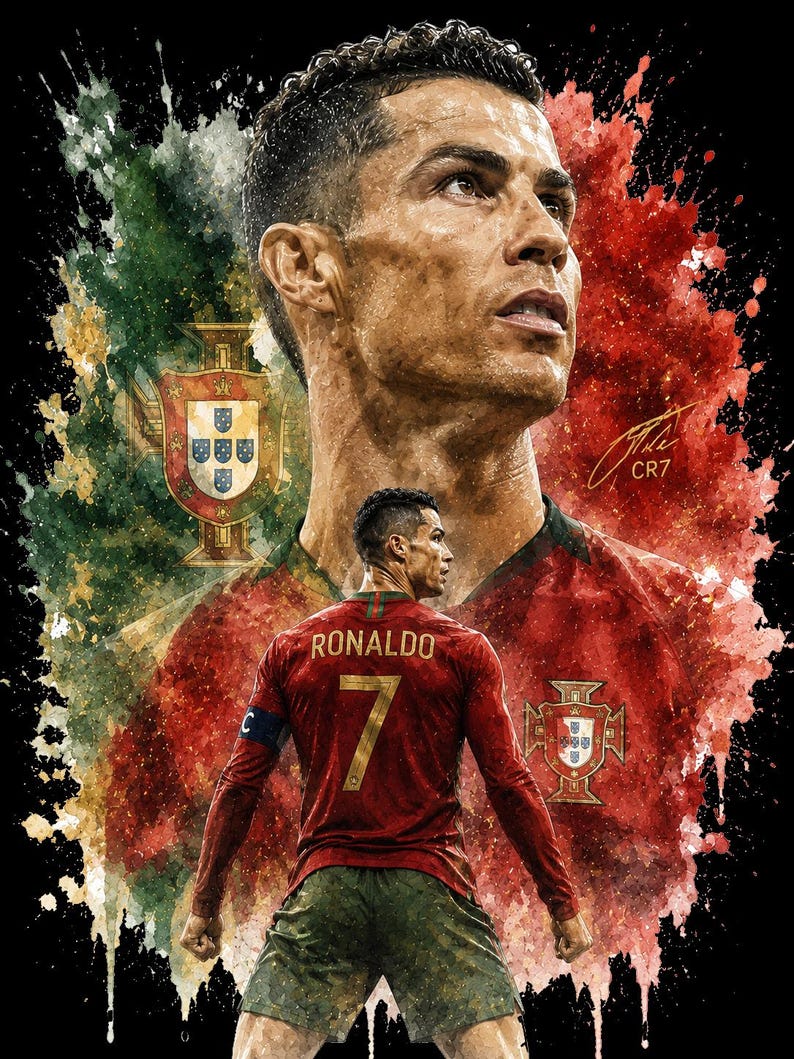 May include: A digital art print featuring Cristiano Ronaldo in a red and green Portugal soccer kit. The composition includes a large portrait of the athlete above a smaller figure seen from behind, wearing the number 7 jersey with the name RONALDO.