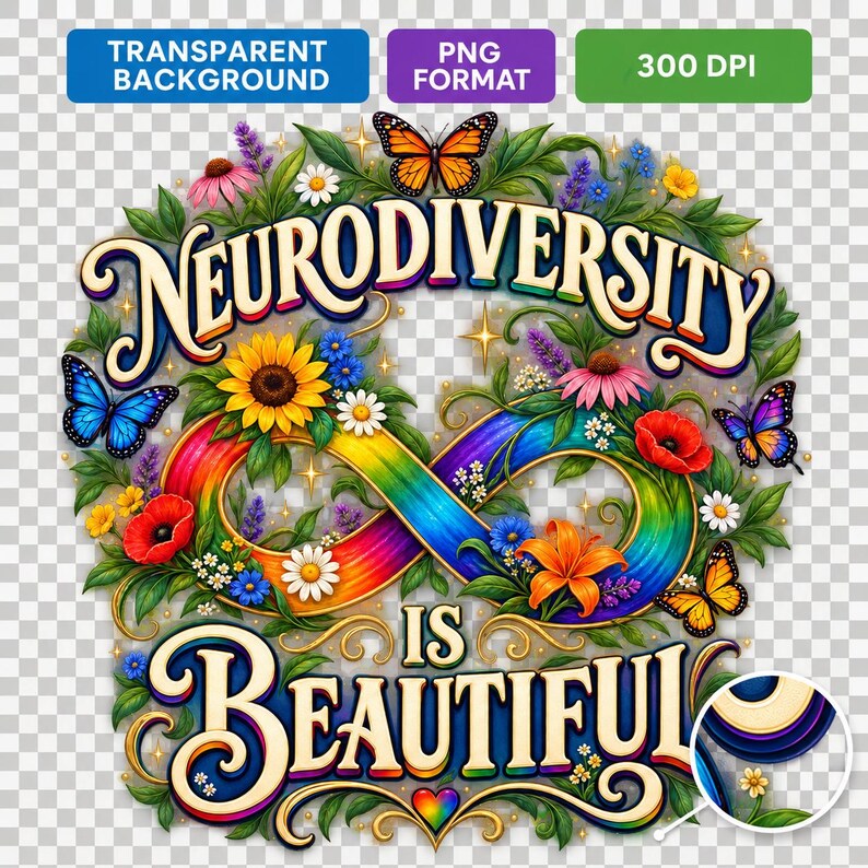Pode incluir: Um gr&aacute;fico digital com o texto NEURODIVERSITY IS BEAUTIFUL em uma fonte decorativa, centralizado em torno de um s&iacute;mbolo de infinito com as cores do arco-&iacute;ris. O design &eacute; cercado por borboletas, girass&oacute;is, margaridas e papoulas.