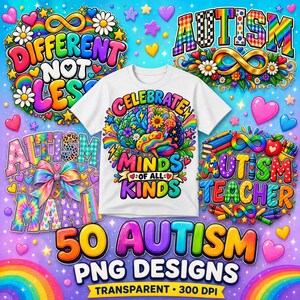 Pode incluir: Uma t-shirt branca com uma ilustra&ccedil;&atilde;o de um c&eacute;rebro colorido rodeado por flores, arco-&iacute;ris e rel&acirc;mpagos com o texto Celebrate Minds of All Kinds, exibida entre v&aacute;rios designs gr&aacute;ficos de consciencializa&ccedil;&atilde;o sobre o autismo com cora&ccedil;&otilde;es e s&iacute;mbolos de infinito.